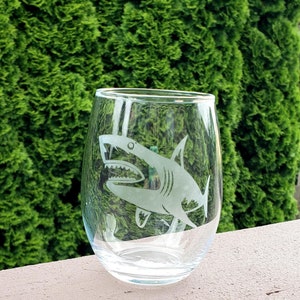 Etched Shark Stemless Wine Glass: Shark Week Gift, Ocean Animal Barware