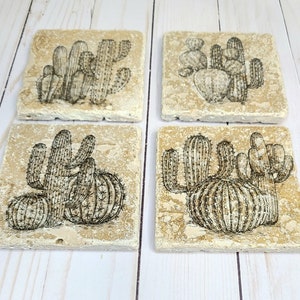 Saguaro Cactus Travertine Coasters: Southwestern Desert Sketch Art