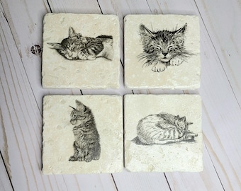 Kitten Art Travertine Coasters: Cat Lover Gift, Set of 4