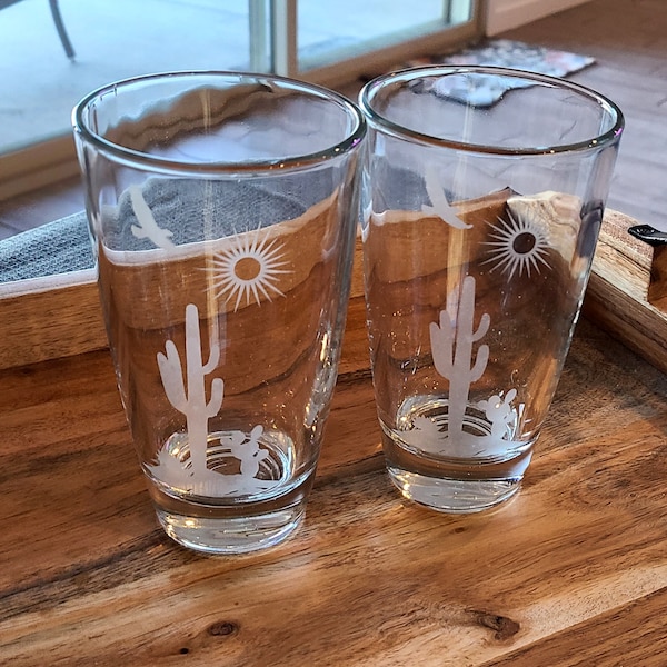 Etched desert glassware, beer glass set, southwest glasses, southwestern gift, housewarming gift, desert scene, etched cactus glass