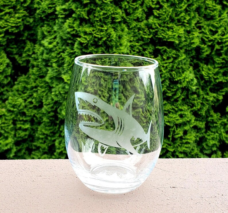 Shark wine glass etched shark shark week stemless barware Etsy