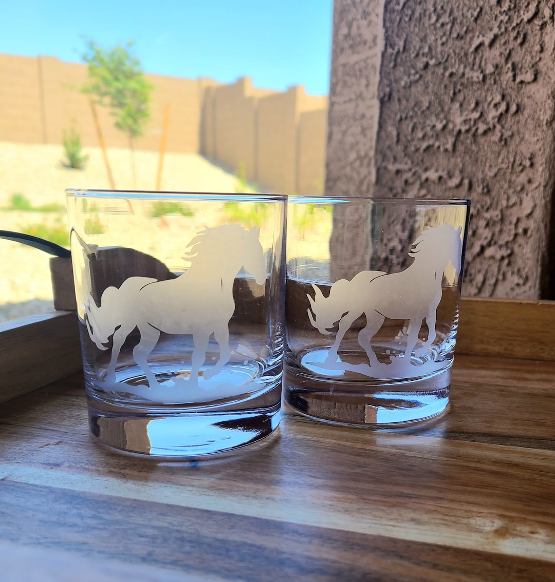 Etched Horse Rocks Glass Set, Etched Horse , Equine Gift, Gift for Men