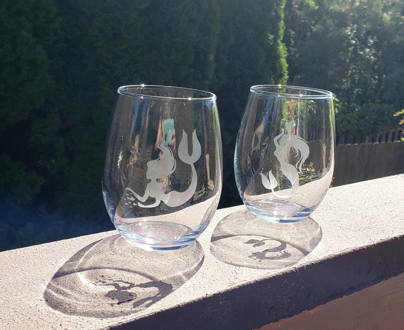 Mermaid Wine Glass Etched Bar Ware Stemless Wine Glass Etsy