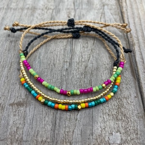 Set of 3 Skinny Beaded Multicolor Wax String Bracelets / Wax String Stackable Bracelets