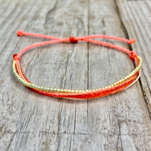 Beaded Adjustable Wax String Bracelet / Wax Cord Bracelet / Surfer Bracelet / Waterproof Bracelet - Coral Crush