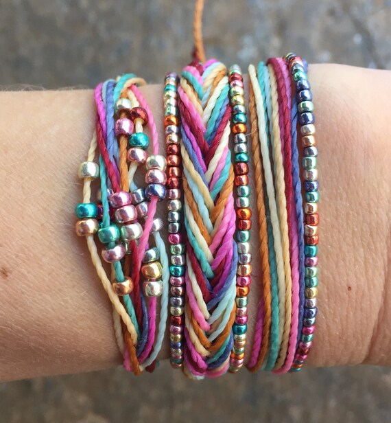 3 string bracelets with rainbow beads wax coated string | Etsy