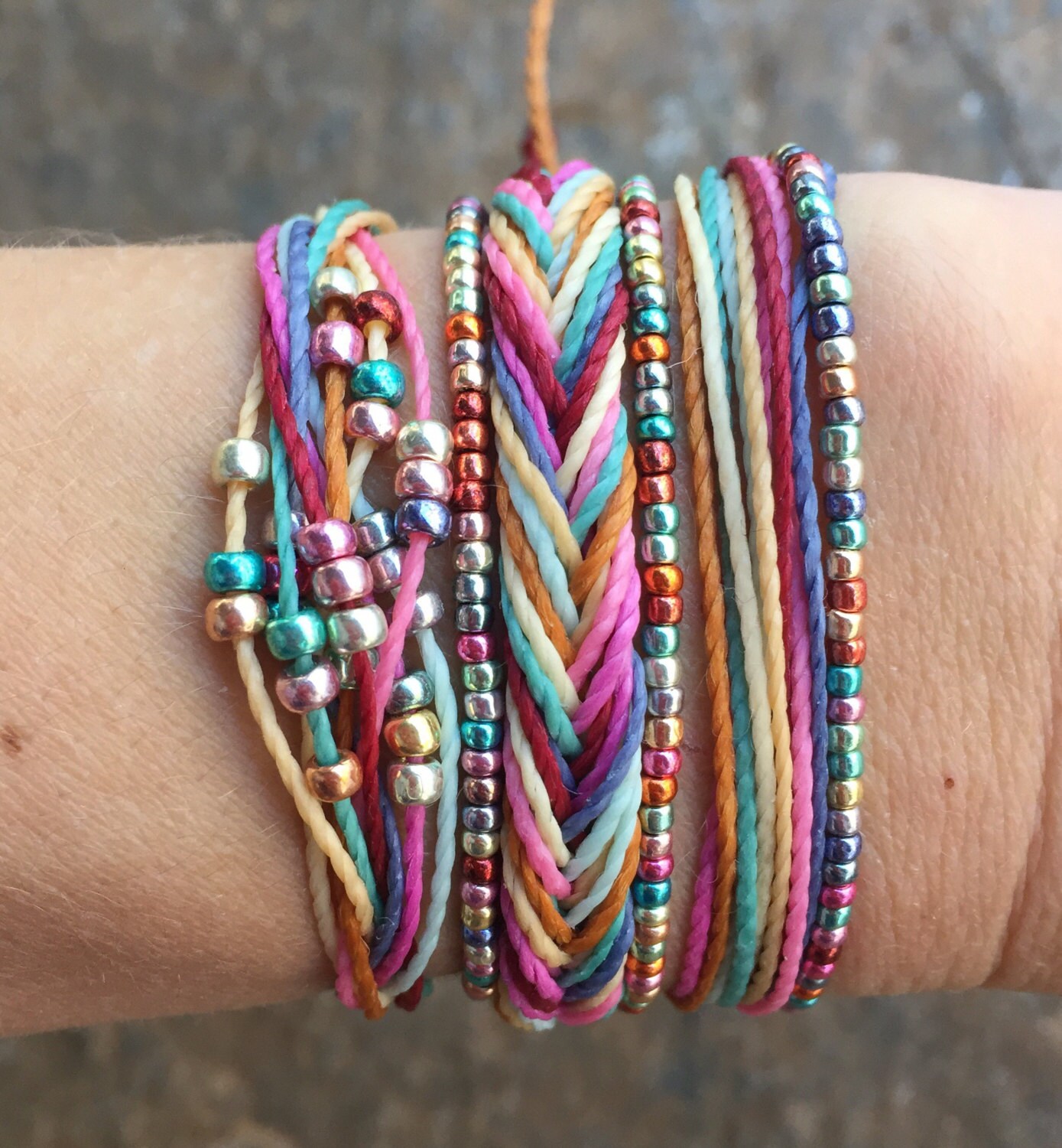 3 string bracelets with rainbow beads wax coated string Etsy