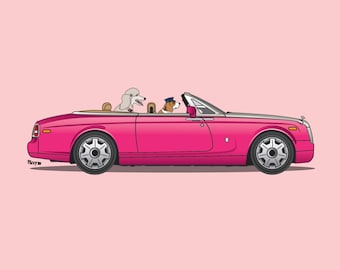 Shnookums the Poodle being driven by Wilfred the Beagle in her luxury Car - Perfect for nursery or children's room - Dogs Driving Things