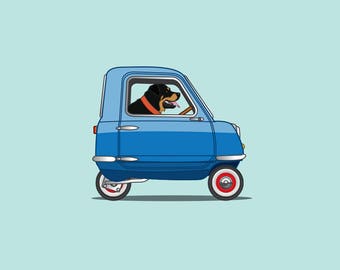 Rottweiler driving his Peel P50 - Henry the rotti in his blue micro car art print is perfect for the Nursery!