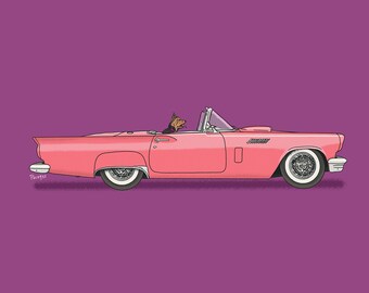 Suzie the Yorkshire Terrier driving her pink Thunderbird art print! Dogs Driving Things Series 5