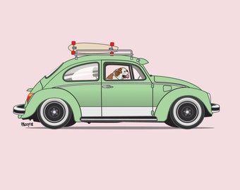 British Bulldog driving his vw bug with a skateboard on the roof - Perfect for nursery or children's room - Dogs Driving Things