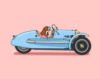 Rosie the Cavalier King Charles Spaniel driving her 1946 Morgan 3 Wheeler art print! Dogs Driving Things Series