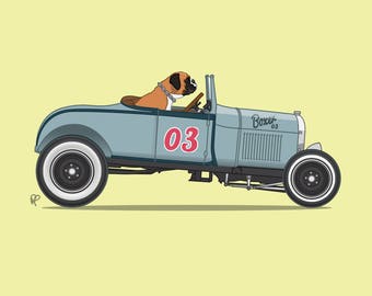 Boxer the Boxer driving his hot rod is the perfect art print for nursery or children's room or as a special gift