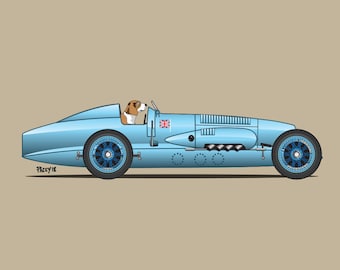 Biggles the Beagle driving his Napier-Campbell Blue Bird! Dogs Driving Things print series