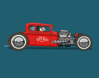 Bulldog driving her hot rod - Perfect for nursery or children's room or as a gift to anyone who love hot rods- Dogs Driving Things