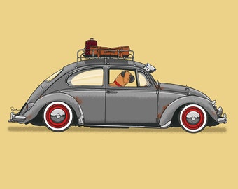 Rusty the Boxer dog driving his VW Beetle art print! Dogs Driving Things Series 5