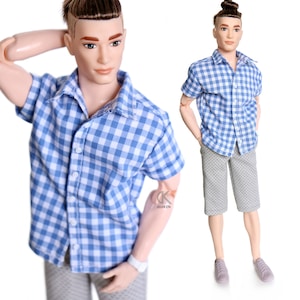 dollKEN 1:6 male doll BLUE PLAID Shirt, Short sleeves, Button-Up image 1