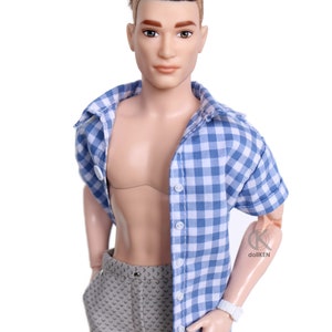 dollKEN 1:6 male doll BLUE PLAID Shirt, Short sleeves, Button-Up image 2