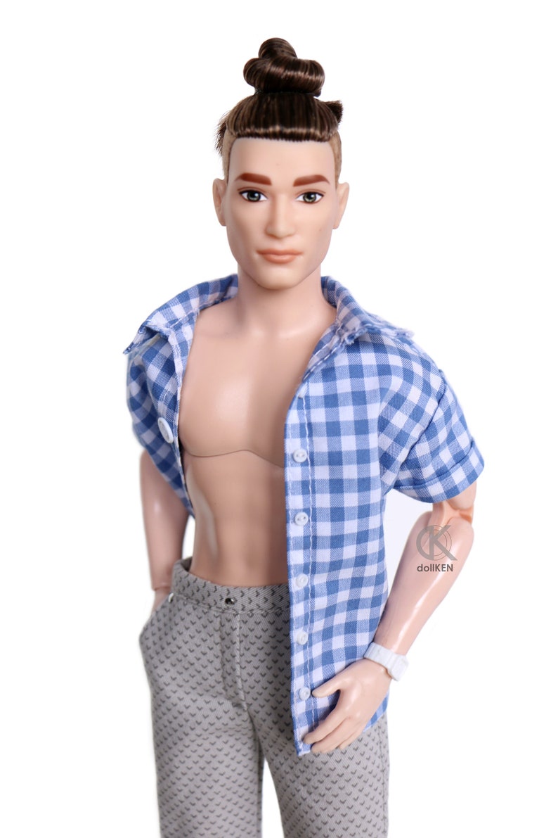 dollKEN 1:6 male doll BLUE PLAID Shirt, Short sleeves, Button-Up image 2