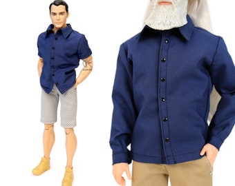 dollKEN 1:6 male doll NAVY BLUE SHIRT (Short Sleeves, Long Sleeves), Button-Up