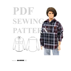Puede incluir: Un muñeco con una camisa de franela a cuadros azul marino, burdeos y blanco con un parche marrón en el bolsillo. La imagen incluye un patrón de costura con el texto "PDF SEWING PATTERN" y diagramas de camisa.