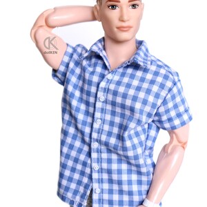 dollKEN 1:6 male doll BLUE PLAID Shirt, Short sleeves, Button-Up image 3