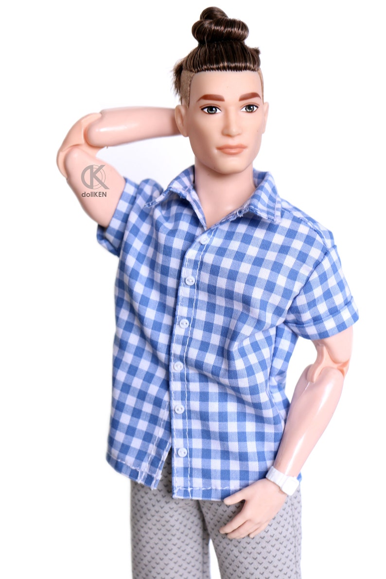 dollKEN 1:6 male doll BLUE PLAID Shirt, Short sleeves, Button-Up image 3