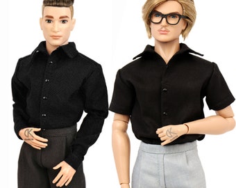 dollKEN 1:6 male doll BLACK SHIRT (Short Sleeves, Long Sleeves), Button-Up