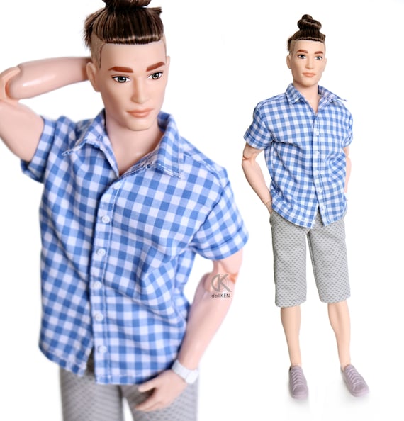 dollKEN 1:6 male doll BLUE PLAID Shirt, Short sleeves, Button-Up
