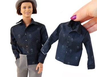 dollKEN 1:6 male doll BLUE SKULL Shirt (Long Sleeves with Cuffs)