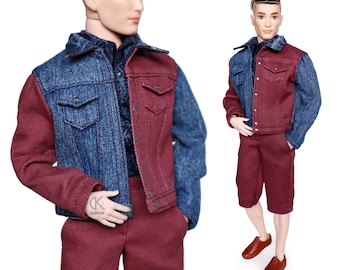 dollKEN 1:6 male doll OUTFIT, 2pcs - DENIM BURGUNDY jacket + shorts
