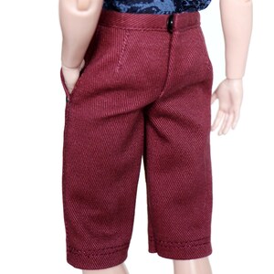 May include: A pair of maroon shorts with a textured fabric. The shorts have a button and zipper closure and two pockets.