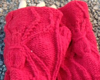 Spider Alpaca wool fingerless gloves, red, hand made in Australia