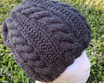 Simple alpaca cable beanie in wool alpaca blend, adult, grey, hand made in Australia. Bulky, rib, hat, skull cap