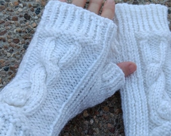 Rabbit mittens in sparkly wool blend, white, adult, hand made in Australia. Fingerless gloves