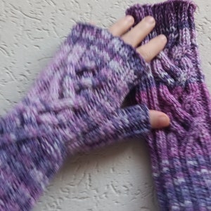 Wool fingerless gloves with celtic braid in purple shades 4-braid cable, hand knit in Australia image 3