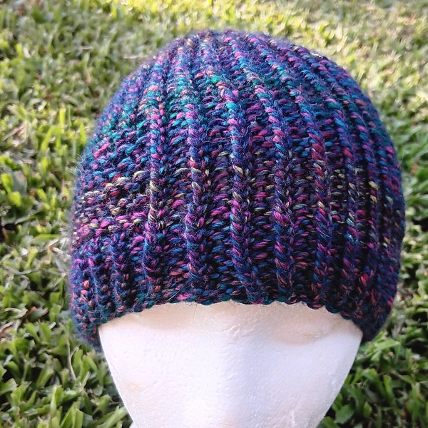 Ribbed patch beanie, navy with multicolour, in wool blend, hand made in Australia