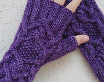 Silk merino wool cable fingerless gloves in purple, adult, hand knit in Australia, fingerless mittens