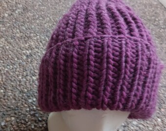 Chunky ribbed brim beanie in purple wool blend, hand made in Australia