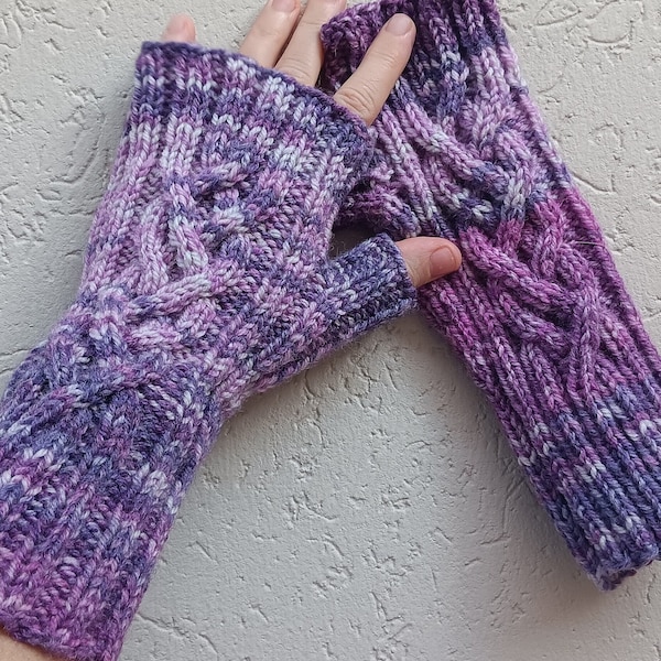 Wool fingerless gloves with celtic braid in purple shades 4-braid cable, hand knit in Australia