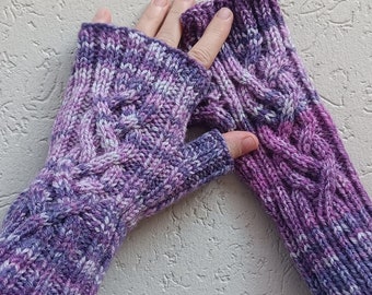 Wool fingerless gloves with celtic braid in purple shades 4-braid cable, hand knit in Australia