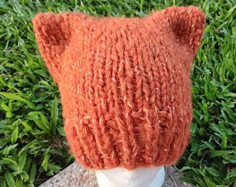 Adult orange cat, fox or wolf beanie, wool blend, hand made in Australia