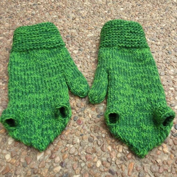 Alpaca wool green frog mittens, adult, hand made in Australia