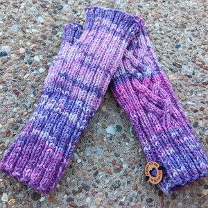 Wool fingerless gloves with celtic braid in purple shades 4-braid cable, hand knit in Australia image 4