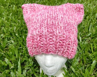 Hand Knit Cat Ear Beanie: Pink Metallic Wool Blend Pussyhat