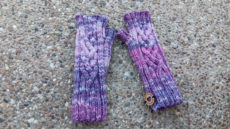 Wool fingerless gloves with celtic braid in purple shades 4-braid cable, hand knit in Australia image 5