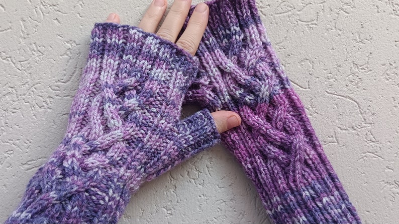 Wool fingerless gloves with celtic braid in purple shades 4-braid cable, hand knit in Australia image 2