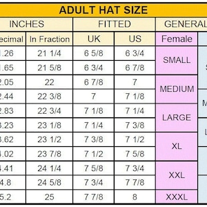 May include: A chart showing adult hat sizes in inches and centimeters. The chart includes measurements in inches, fractions of inches, UK sizes, US sizes, and general sizes for both men and women. The chart also includes a column for adjustable sizes.