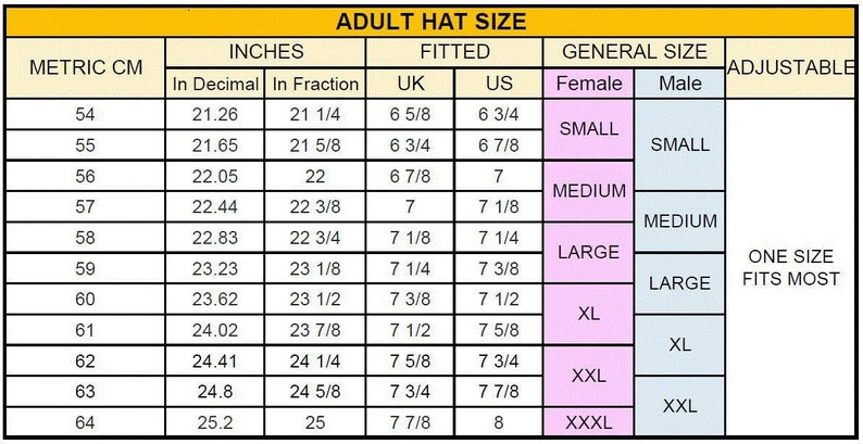 May include: A chart showing adult hat sizes in inches and centimeters. The chart includes measurements in inches, fractions of inches, UK sizes, US sizes, and general sizes for both men and women. The chart also includes a column for adjustable sizes.