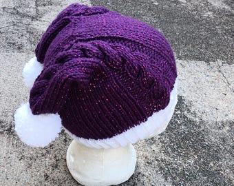 Gorro de punto morado brillante con doble pompón: gorro de Papá Noel vegano, talla para adulto.